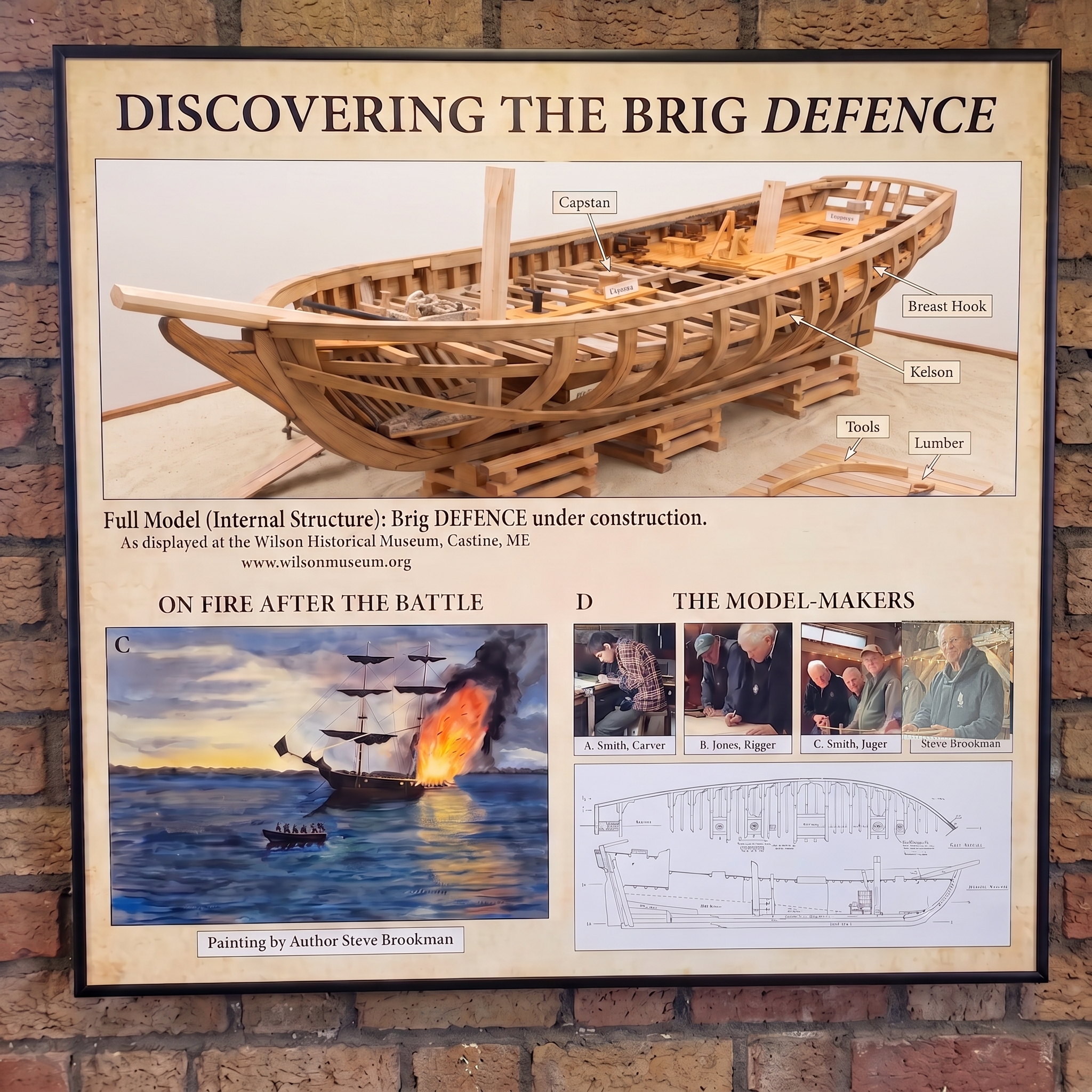 The Discovering the Brig Defence exhibit poster at the Wilson Historical Museum, Castine, Maine, including the model-makers A. Smith, B. Jones, C. Smith, and Steve Brookman.